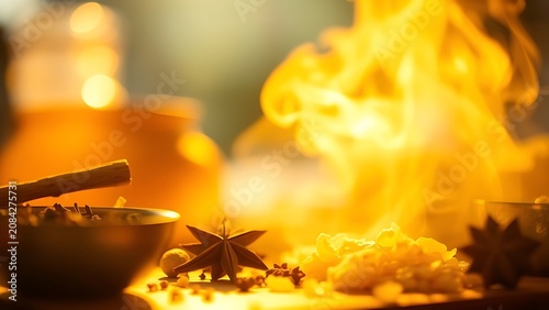 Soft glow of warm light with rising steam, wood and spice tones.
