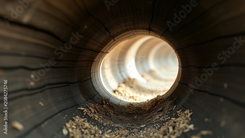 Close-up of curved tunnel in weathered wood with fine dust.