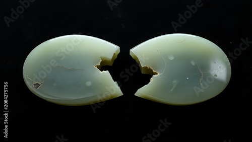 Two halves of an ancient jade pendant placed side-by-side on velvet.