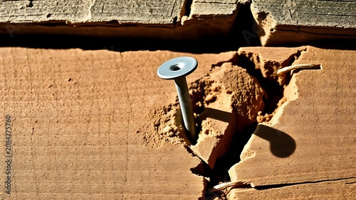 A single iron nail driven deep into a wooden beam.