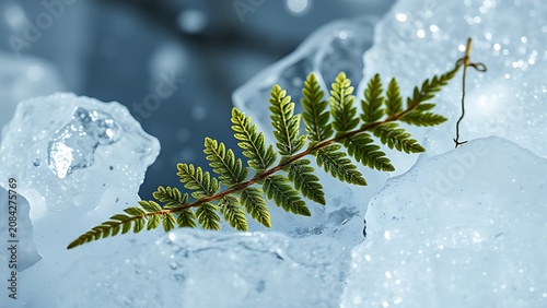 A fern leaf perfectly preserved inside a clear block of ice.