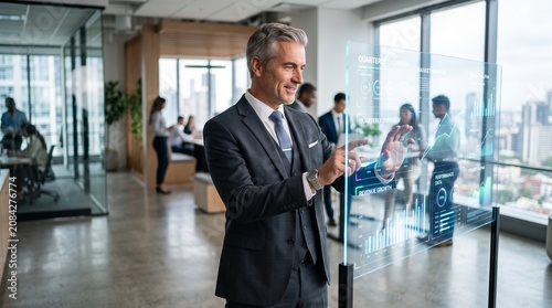 Mature Businessman Using Modern Touchscreen Display in Bright Office