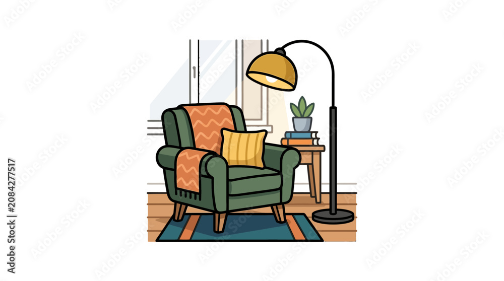 Fototapeta premium A cozy green armchair sits in a bright living room corner