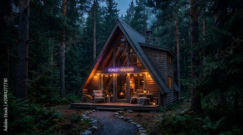 Cozy log cabin with warm glowing windows in snowy forest.