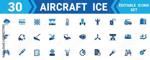 Set of thirty aircraft deicing and anti icing maintenance icons for aviation ground service safety operations Minimal solid fill icon set bundle collection. Editable Vector Illustration Mega pack