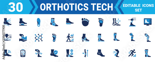 Set of 30 modern orthotics technology icons for medical foot care and biomechanical analysis services Minimal solid fill icon set bundle collection. Editable Vector Illustration Mega pack