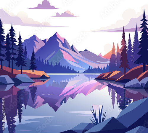 Konstfotografi Nordic Pine Forest & Lake: A scenic Scandinavian landscape featuring a crystal-clear mirror lake reflecting a dense pine tree forest and a soft lavender sky, clean vector design