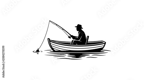 Obraz na plátně Fisherman Silhouette in Boat on Water with Fishing Rod - Black and White Illustr