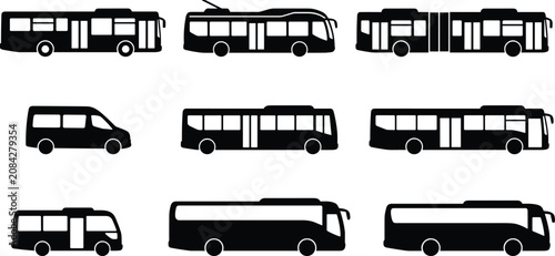 Bus Silhouette Vector Set with Public Transport City Coach and Minibus Icons