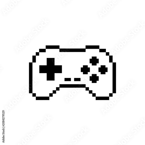 A simple black and white pixel art illustration of a video game controller