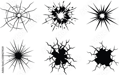 Cracked Glass and Shattered Impact Explosion Silhouette Vector Effect Set