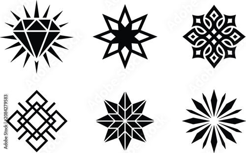 Geometric Abstract Star and Diamond Ornament Silhouette Logo Vector Set