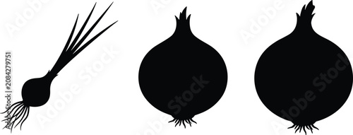 Onion Silhouette Vector Set with Whole Bulbs and Fresh Vegetable Elements