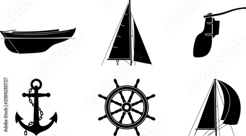 Marine sailing icons collection showing sailboat anchor ship wheel and boat hull vector silhouettes