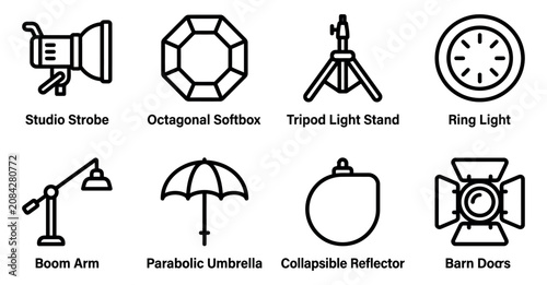 Foto Set of professional photography studio lighting equipment icons including strobe softbox and light stand Minimal stroke icon set bundle collection