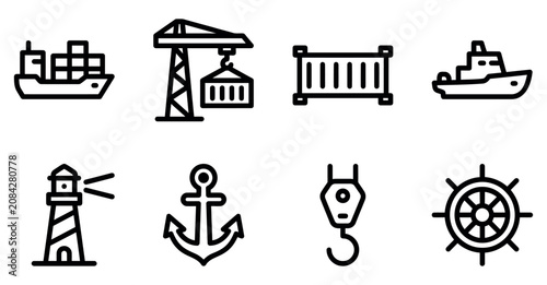 Set of black line icons for shipping logistics industry with boat crane container anchor and lighthouse Minimal stroke icon set bundle collection. Editable Vector Illustration Mega pack