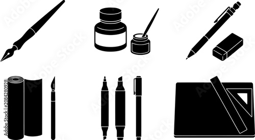 Professional drafting and artist tools set featuring ink pens rulers and markers for design