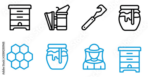 Set of beekeeping equipment icons including honey jars beehives honeycomb smoker and beekeeper symbols Minimal stroke icon set bundle collection. Editable Vector Illustration Mega pack