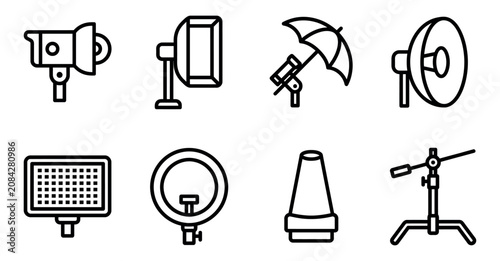 Set of studio lighting equipment icons for professional photography and video production in black lines Minimal stroke icon set bundle collection. Editable Vector Illustration Mega pack