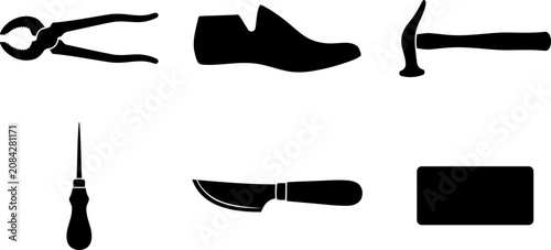 Silhouette collection of cobbler tools shaping leather footwear in traditional workshop setups