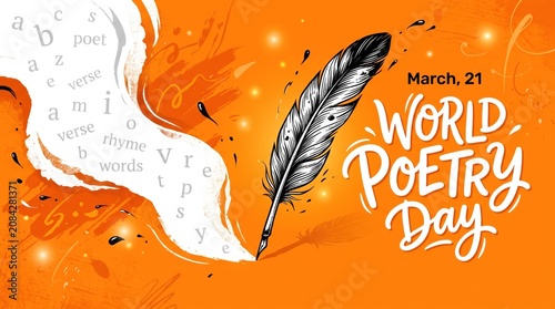 Vibrant world poetry day graphic with quill and typography