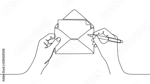 Continuous line drawing of hands writing on an envelope