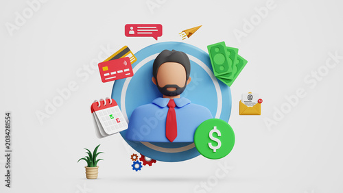 AI Payroll System, Finance Management. 3D Business Profile Icon with Financial Management Icons. Salary, Budgeting, Online Payments, Email, Calendar, Banking and Personal Finance Concept. 3D