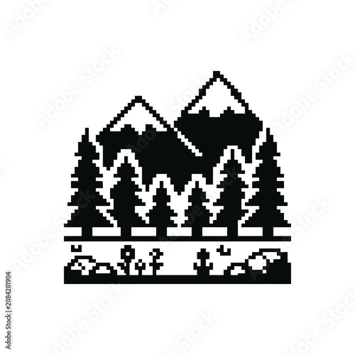 A simple pixel art illustration of a mountain range and forest landscape