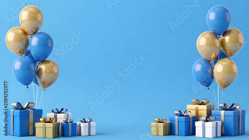 Elegant Gifts and Balloons Floating Above Monochromatic Blue Background Suitable for Birthday Greetings