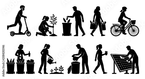 Eco-Friendly Lifestyle Icons: Sustainable Living, Green Energy, Recycling, Cycling, Planting, Scooting, Shopping, Vector Set