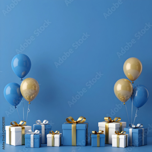 Elegantly wrapped gifts surrounded by blue and gold balloons on a monochromatic blue background