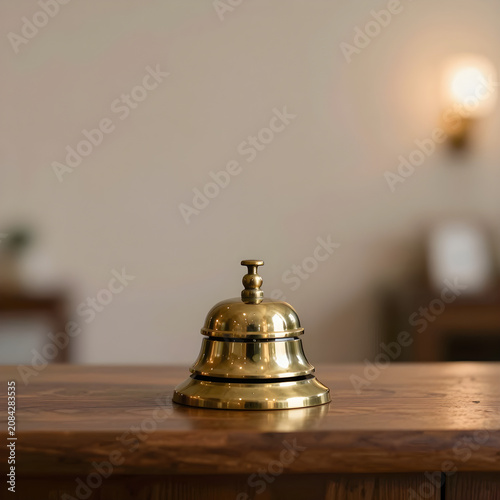 Antique Brass Reception Bell On Polished Dark Wooden Counter with Luxurious Empty Space