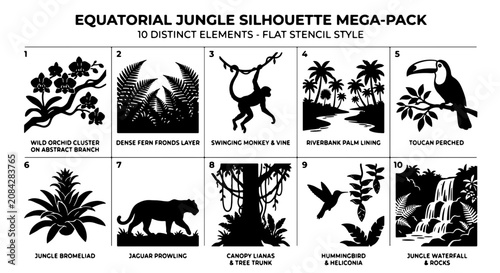 Canvas Print Equatorial Jungle Silhouette Mega-Pack: 10 Distinct Elements, Flat Stencil Style