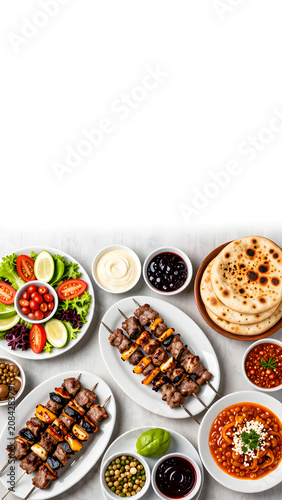 Lush Turkish-inspired food arrangement with colorful meze, grilled kebabs, and fresh salads on a plate, perfect for restaurants to display their menu options.