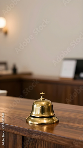 Antique Brass Reception Bell Positioned on Dark Wooden Counter with Soft Focus Background