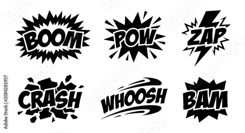 Foto Retro Comic Book Sound Effects, 6 Black and White Onomatopoeia Vector Icons: BOO