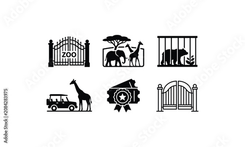 Photography Zoo entrance and safari tour animal collection flat icons.