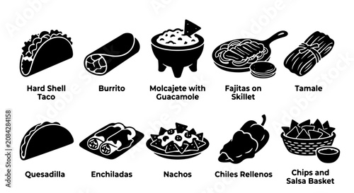 Bild auf Leinwand Mexican Food Icons Set, Vector Graphics of Traditional Cuisine: Tacos, Burritos,