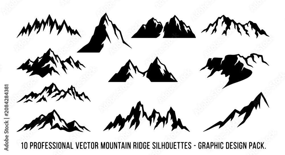Fototapeta premium 10 Professional Vector Mountain Ridge Silhouettes, Graphic Design Pack: Rugged Peaks, Alpine Landscapes, Wilderness Icons for Outdoor Adventure Branding