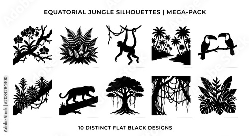 Photography Equatorial Jungle Silhouettes Mega-Pack, 10 Distinct Flat Black Designs: Tropica