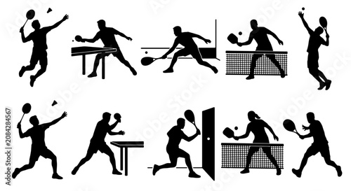 Foto Dynamic Badminton Player Silhouettes, Action Poses Vector Set: Serve, Smash, Vol