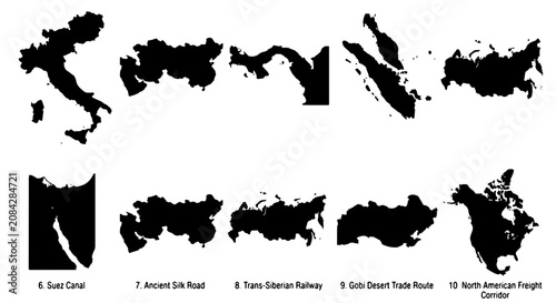 Fotografie Global Trade Routes Vector Icons: Italy, Russia, Panama Canal, Indonesia, Suez C