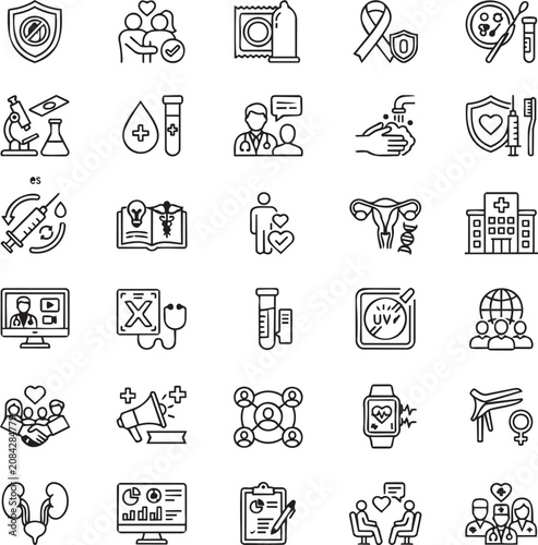 STI Prevention Line Vector Icons for Sexual Health, Disease Prevention, Safe Healthcare, Medical Education and Clinical UI Design