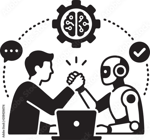 Human AI Collaboration and Intelligent Teamwork Vector Icon