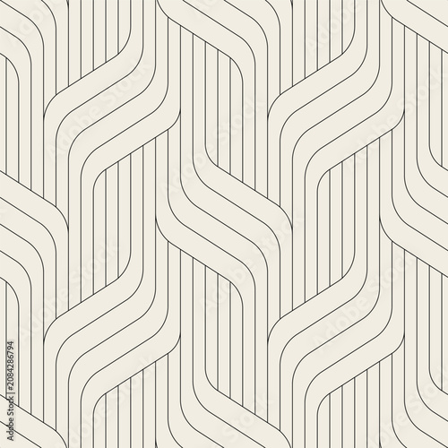 Seamless pattern with geometric waves. Endless stylish texture. Ripple bold monochrome background. Linear weaved grid. Thin interlaced swatch.