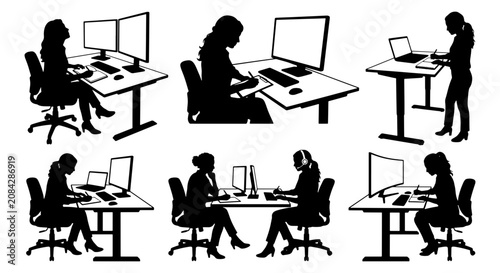 Tableau sur toile Diverse Office Silhouettes: Women Working at Desks with Computers, Laptops, and