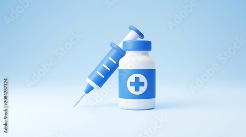 Medical syringe and vaccine bottle for immunization and health care on a blue background