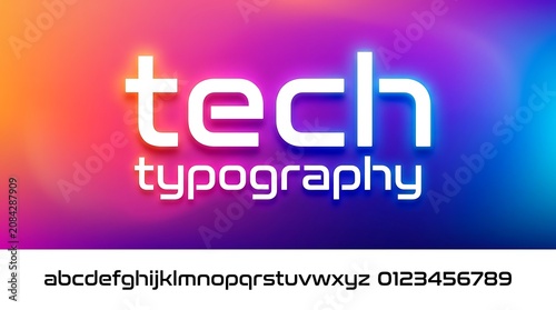 Modern tech typography font set with letters and numbers on a colorful abstract gradient background