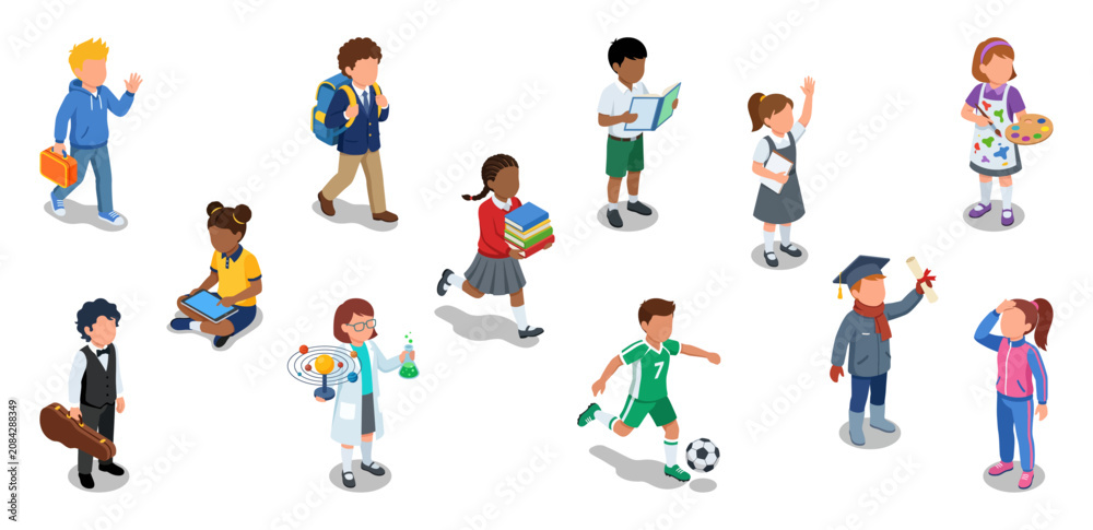 Fototapeta premium School children and diverse students learning studying and playing sports | Isometric people character vector illustrations set