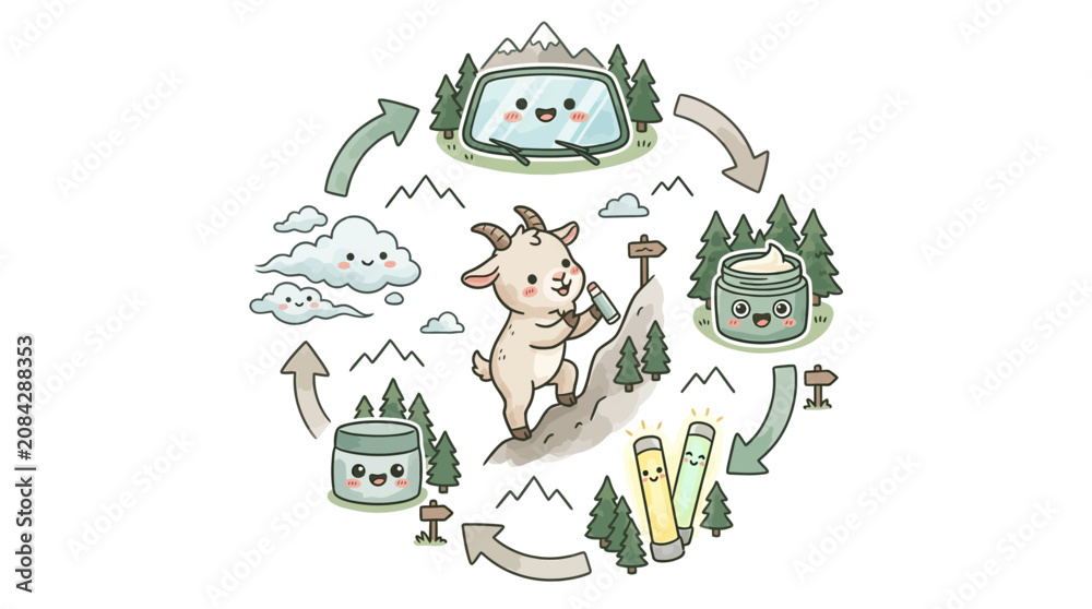Naklejka premium Cute Goat Climbs Mountain in Natural Skincare Cycle